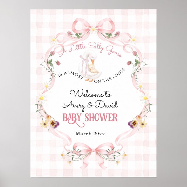 Poster Editable Silly Goose Baby Shower Pink Bow (Frente)