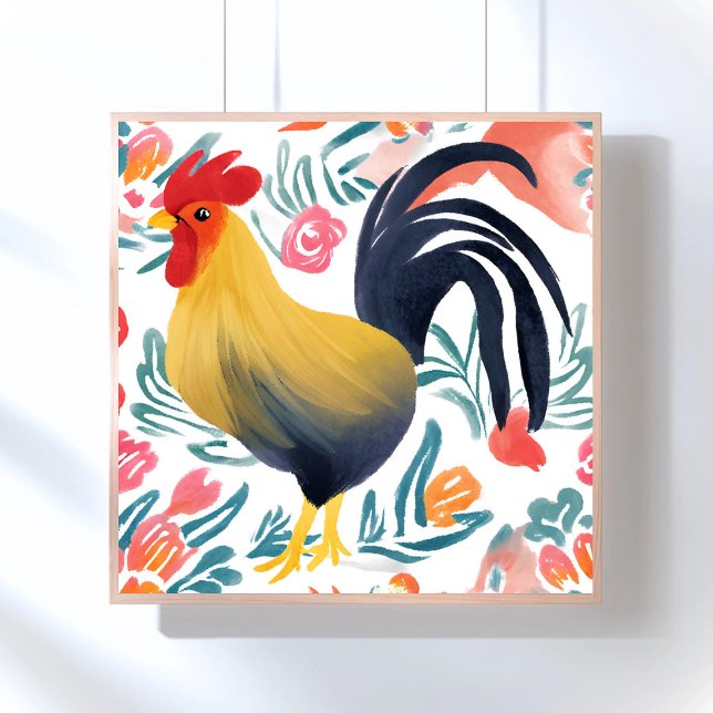 Póster Edna, o galo | Frango Floral de Aquarela (Criador carregado)