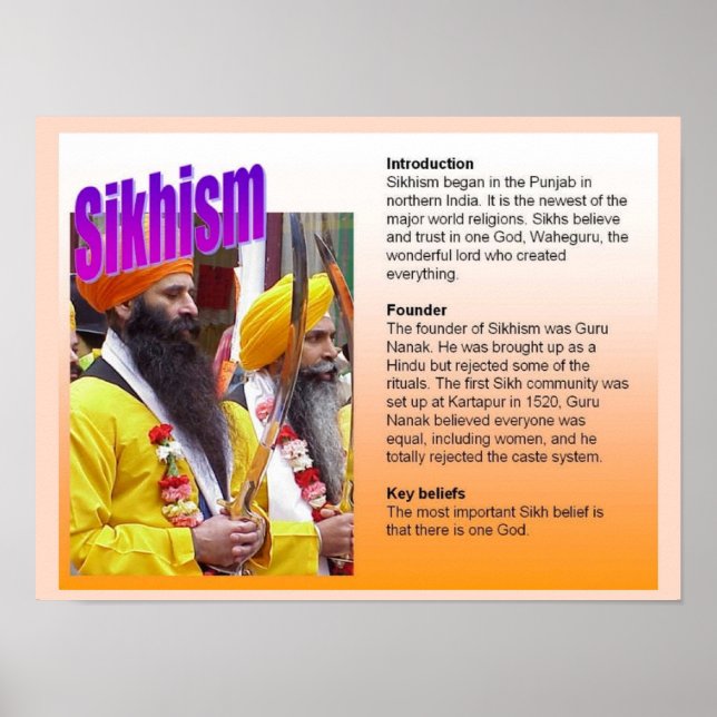 Póster Educação, Religião, Crenças-Chave do Sikhismo (Frente)