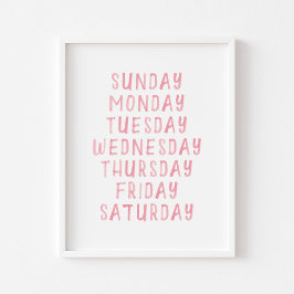 Poster educacional cor-de-água rosa dias da semana