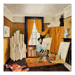 Póster Edward Bawden trabalhando em seu estúdio,