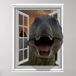 Póster Efeito de imagem 3D do dinossauro T-Rex Janela Fal