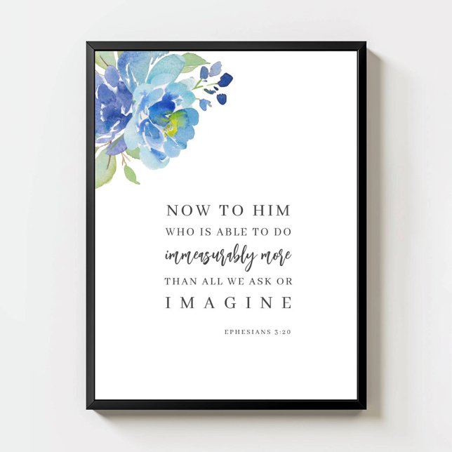 Poster Efésios 3:20 Aquarela Azul Versículo Bíblico Flora (Criador carregado)