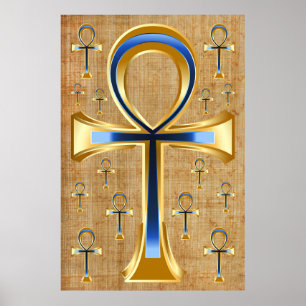 Poster Egípcio Ankh - Design azul e Dourado