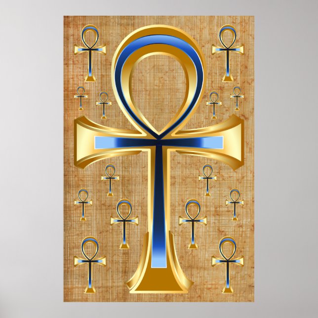 Poster Egípcio Ankh - Design azul e Dourado (Frente)