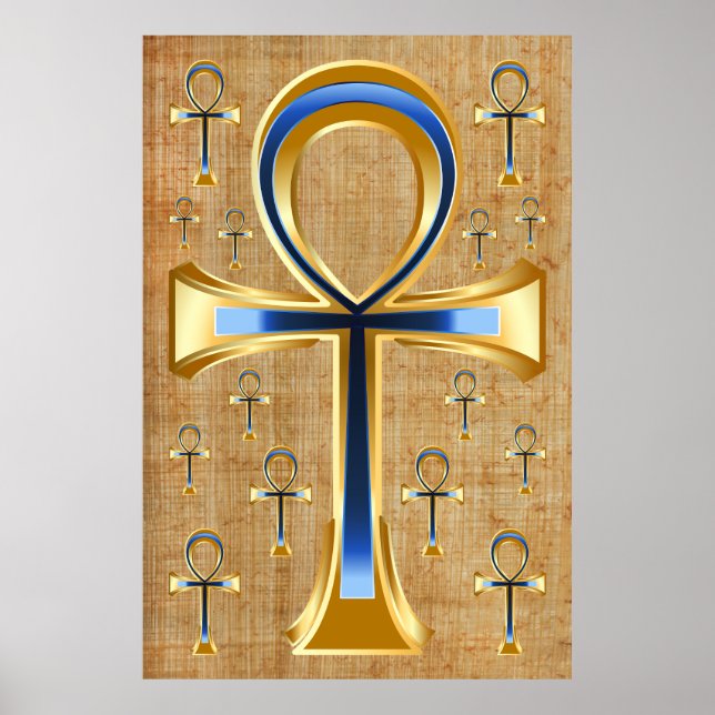 Poster Egípcio Ankh - Design azul e Dourado (Frente)