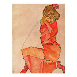 Póster Egon Schiele - fêmea de ajoelhamento no vestido d
