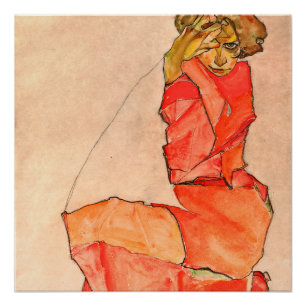 Póster Egon Schiele - fêmea de ajoelhamento no vestido d
