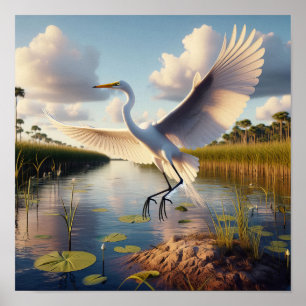 Poster Egret majestoso do Excelente em terras úmidas tran