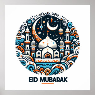 Poster Eid Mubarak Decorre Crescente Colorida Arte Mesqui