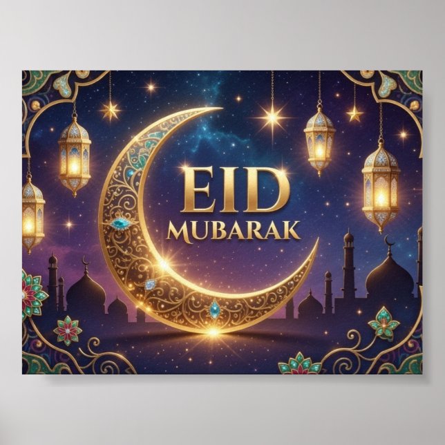 Poster Eid Mubarak elegante Dourado e Azul-Nobre  (Frente)
