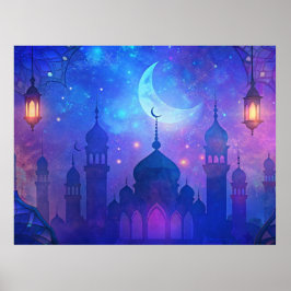 Poster Eid Mubarak Magic Nights Árabe Cores Crescentes