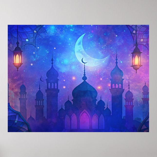 Poster Eid Mubarak Magic Nights Árabe Cores Crescentes (Frente)