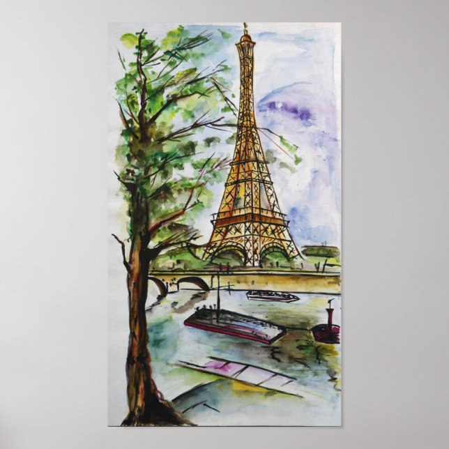 Poster Eiffel Tower Paris Watercolor – River View (Frente)