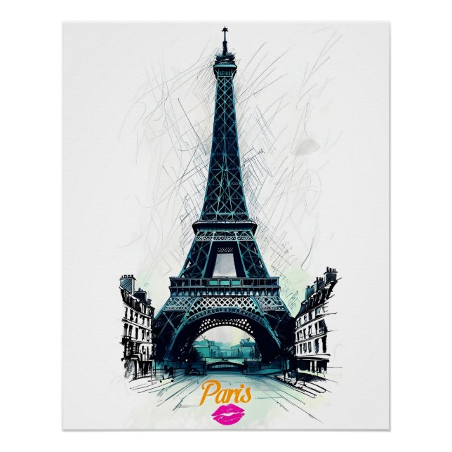 Póster Eiffel Tower Sketch Print, Line Drawing, Paris (Frente)