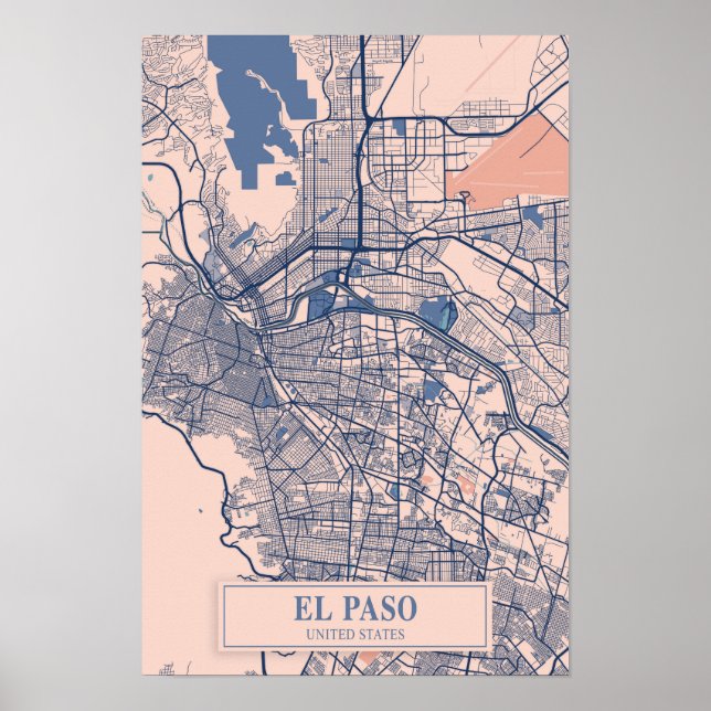 Poster El Paso Estados Unidos Mapa da Cidade Ventilada Vi (Frente)