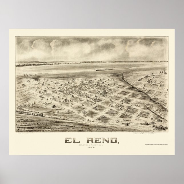 Póster El Reno, OK Mapa Panorâmico - 1891 (Frente)