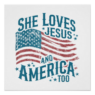 Póster Ela Ama Jesus e a América Também Bandeira dos EUA 