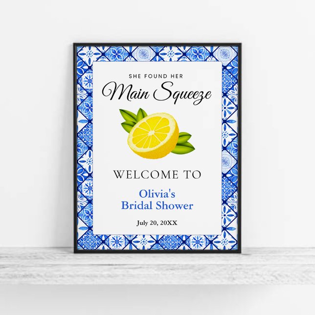 Poster Ela Encontrou Seu Chá de panela De Apertar Princip (She Found Her Main Squeeze Lemon Bridal Shower Welcome Sign   )