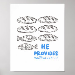 Poster Ele Fornece Arte Cristã de Pão e Peixe na Parede