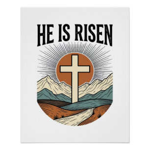 Póster Ele Ressuscitou Cruz Nascer do Sol Camiseta Cristã