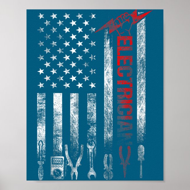 Poster Electrician American Flag Funny Electricians Tools (Frente)