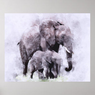 Poster Elefante africano fêmea com bezerro aquarela