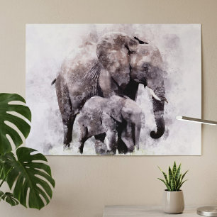 Poster Elefante-Africano Fêmea com Filhote Aquarela