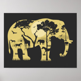 Poster Elefante Africano Savanah Acacia Tree Sunset Natur