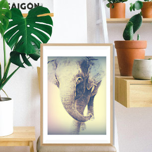 Póster elefante asiático com cores vintage