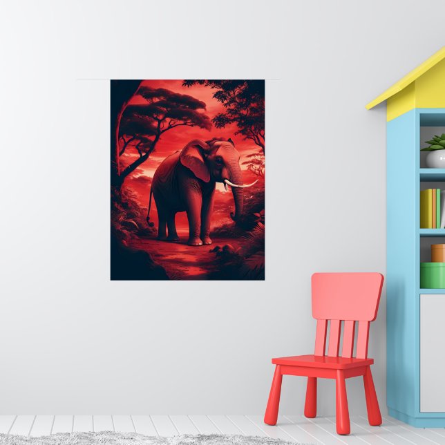 Poster Elefante asiático no vermelho da floresta (Berçário 1)