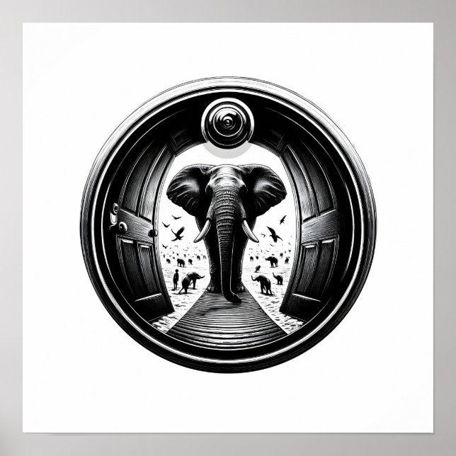 Poster Elefante através da porta do furo | Fisheye (Frente)