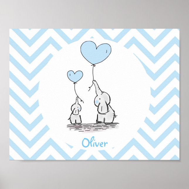 Poster Elefante Azul Bebê Personalizado Bebê Menino (Frente)