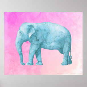 Póster Elefante Azul Claro em Aquarelas Rosa Sonhadoras