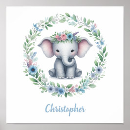 Poster Elefante Azul com Grinalda Floral
