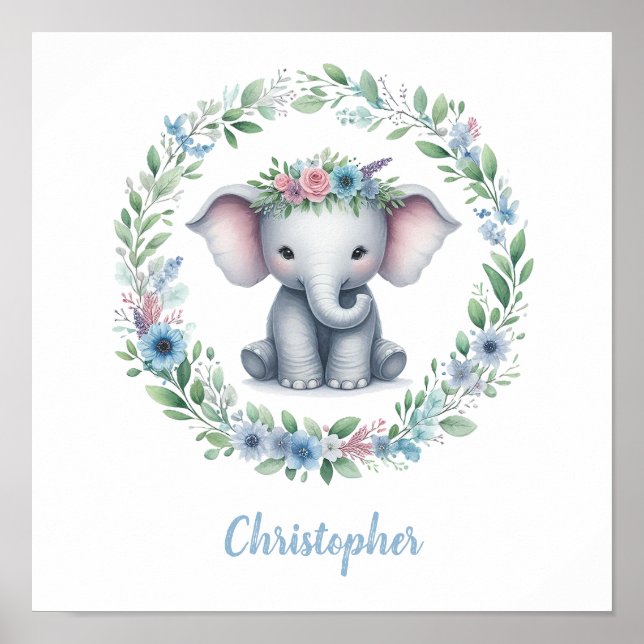 Poster Elefante Azul com Grinalda Floral (Frente)