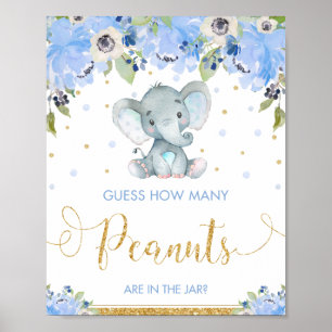 Poster Elefante Azul Floral Adivinha Quantos Amendoins Jo