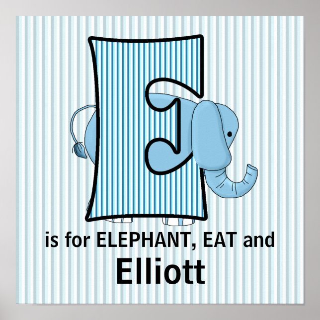 Póster Elefante Azul Monograma E Quarto de Bebê (Frente)
