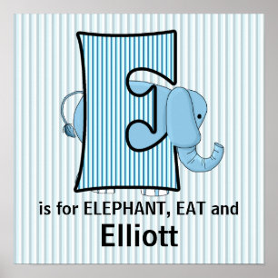 Póster Elefante Azul Monograma E Quarto de Bebê