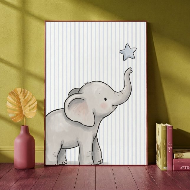 Poster Elefante Bebê Alcançando a Estrela Listras Azuis E (Criador carregado)