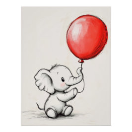 Póster Elefante Bebê Amigável com Balão Vermelho