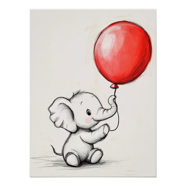 Póster Elefante Bebê Amigável com Balão Vermelho (Frente)