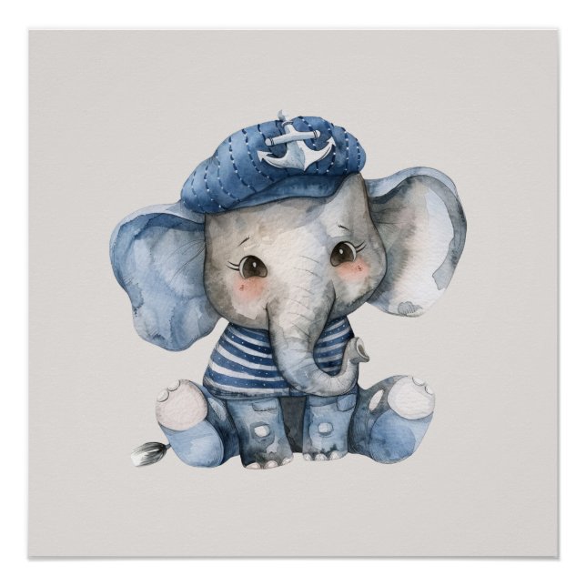 Póster Elefante Bebê Azul Náutico Fofo (Frente)
