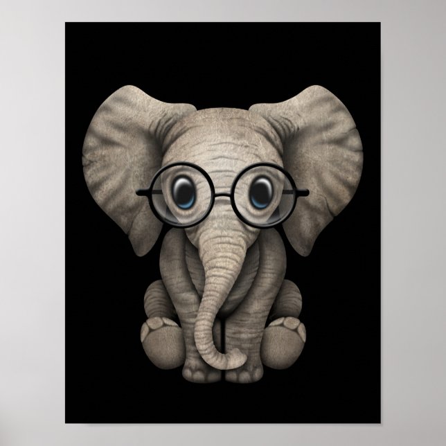 Póster Elefante-bebê bonito com óculos de leitura preto (Frente)