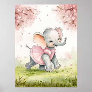 Poster Elefante Bebê Caprichoso em Vestido Rosa Sob Cerej