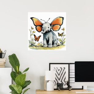 Poster Elefante Bebê com Orelhas em Asas de Borboleta Mon