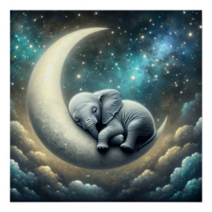 Póster Elefante Bebê Dormindo Na Lua Crescente