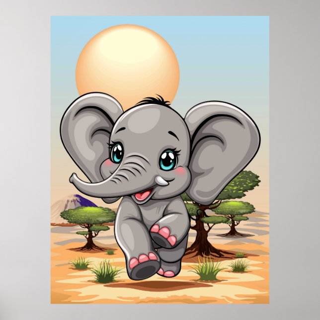 Poster Elefante Bebê Pulando Feliz em Savana Africana (Frente)