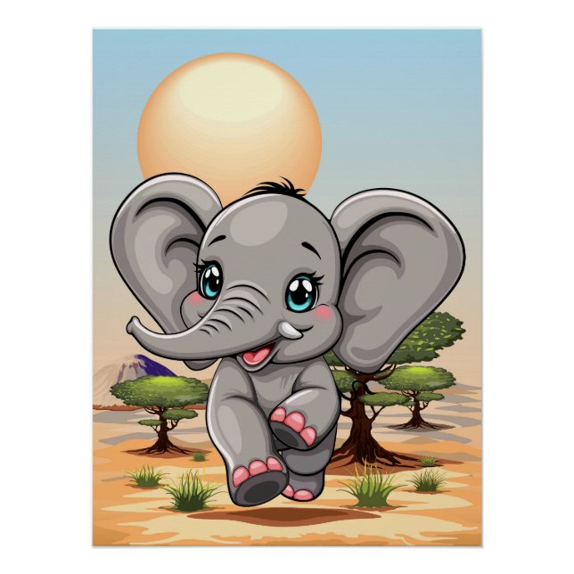 Póster Elefante Bebê Pulando Feliz em Savana Africana (Frente)