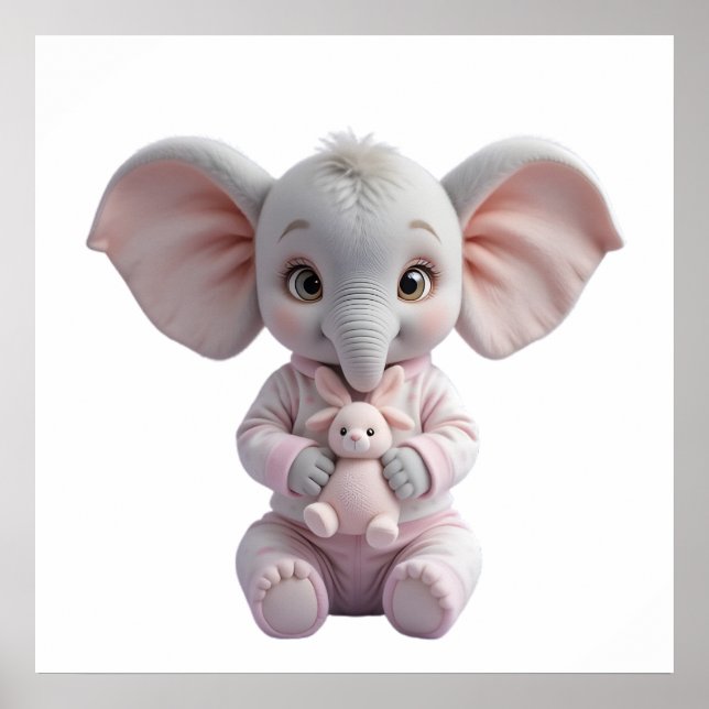 Poster Elefante Bebê Segurando Brinquedo – Berçário Fofo (Frente)